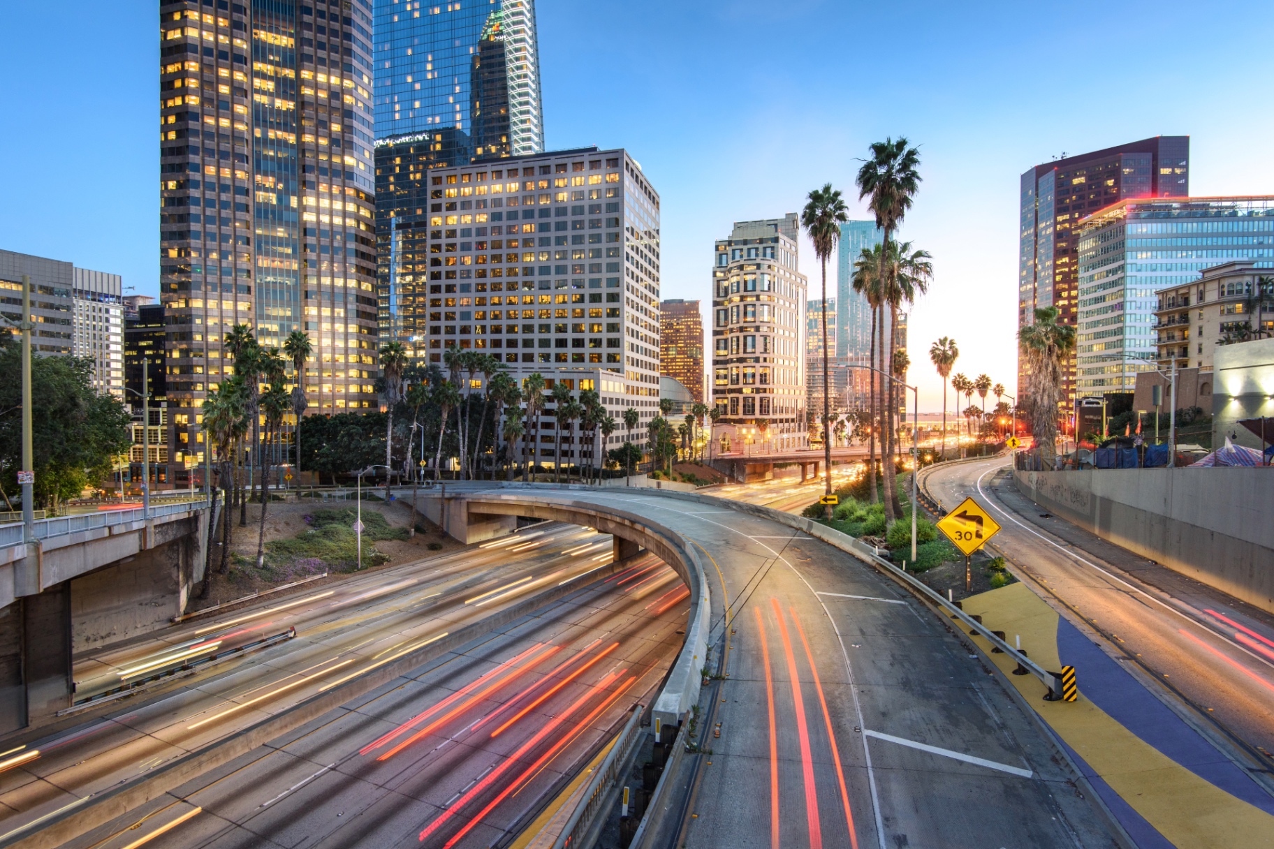 Los Angeles skyline with palm trees and highway